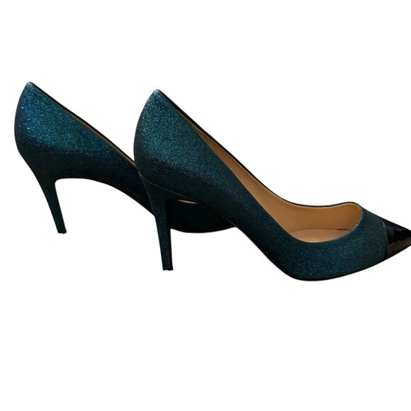 J CREW Teal Black Glitter Sparkles Captoe Heel Size 10 Pump Holiday Shoe - Picture 8 of 13